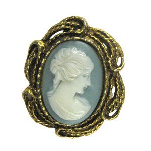 Blue Figurative Plastic Cameo Brooch Pin Goldtone Vintage 1980 1.4 in Pendant